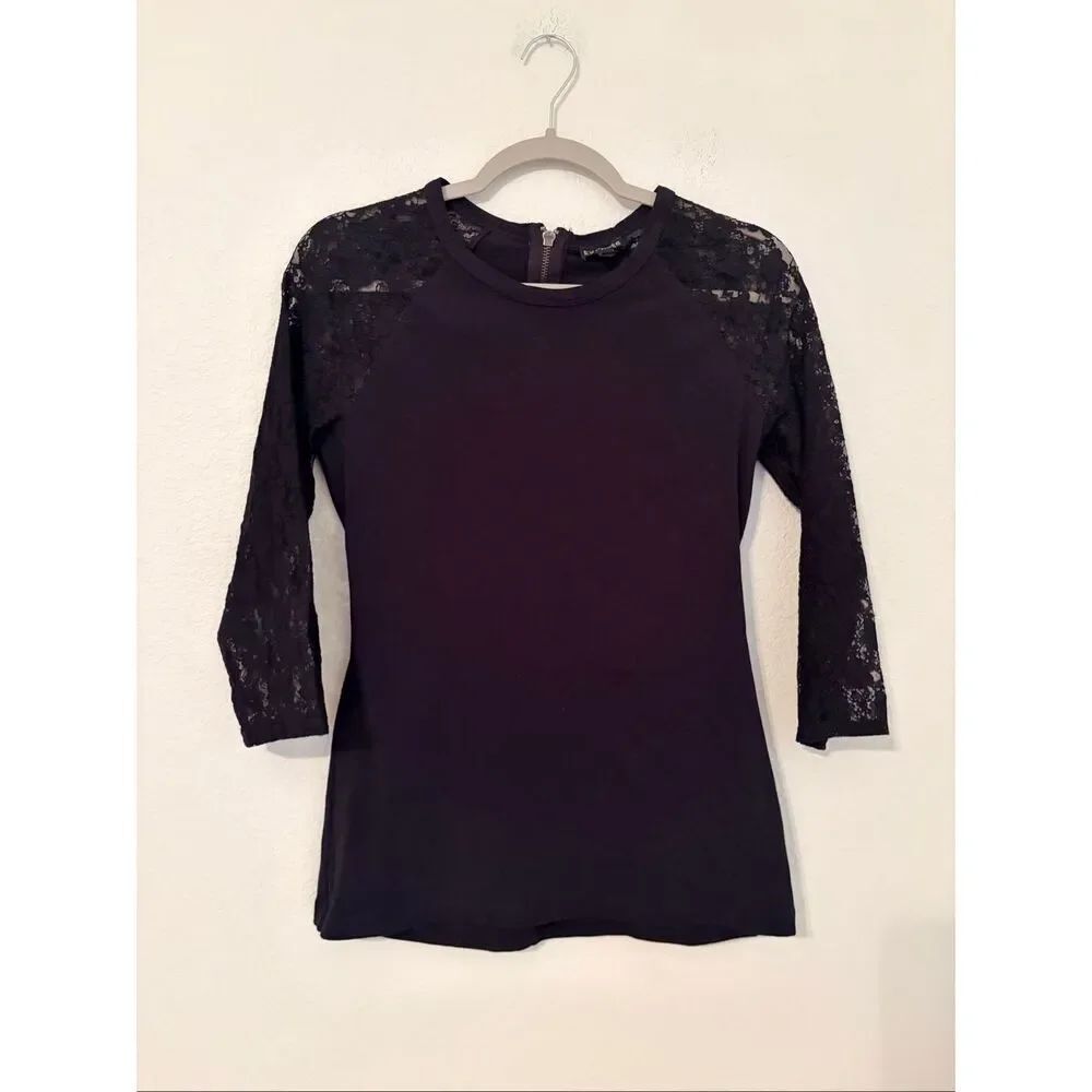 Express Black Lace Sleeve Top Medium 3/4 Sleeve Zip Back Stretch Blouse